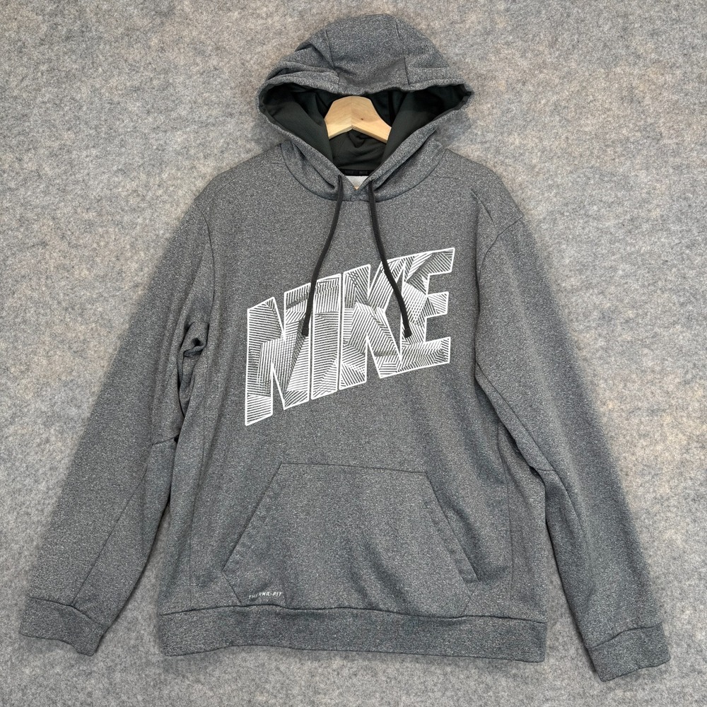 Nike Hoodie Sweatshirt Mens Large Therma Fit Big Logo Gray Spellout Sports Gym‎